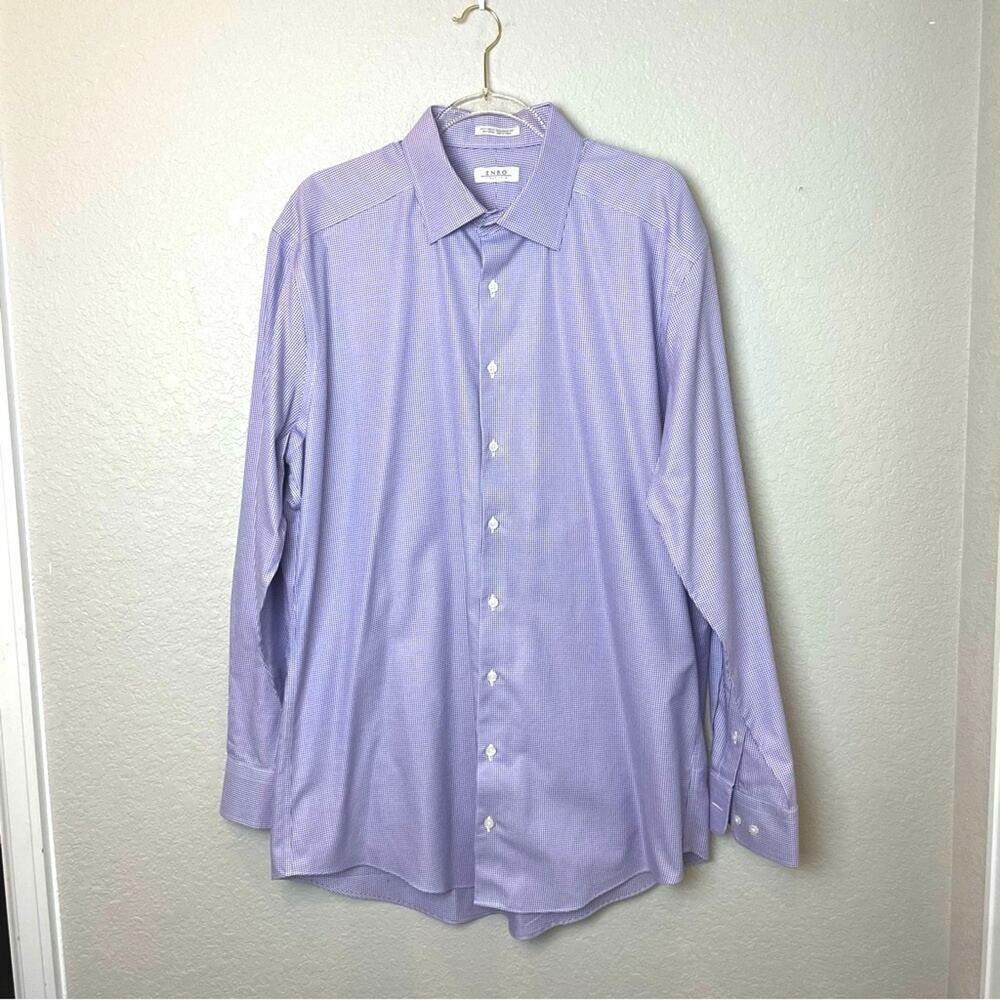 ENRO Lavender & Blue Houndstooth Button Down Shirt Size 36 - 37, 17 1/2 Neck